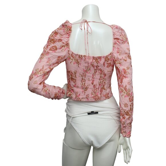 Free People Hilary Pink Floral Blouse Tie Neck Boho Prairie Top Keyhole Bust - Picture 4 of 11